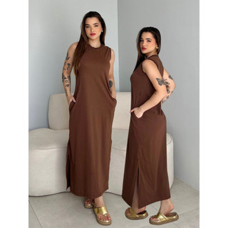 Vestidos Feminino Longo Com Bolso e Fenda nas Laterais Cavado Algodão Alta Qualidade Prem…