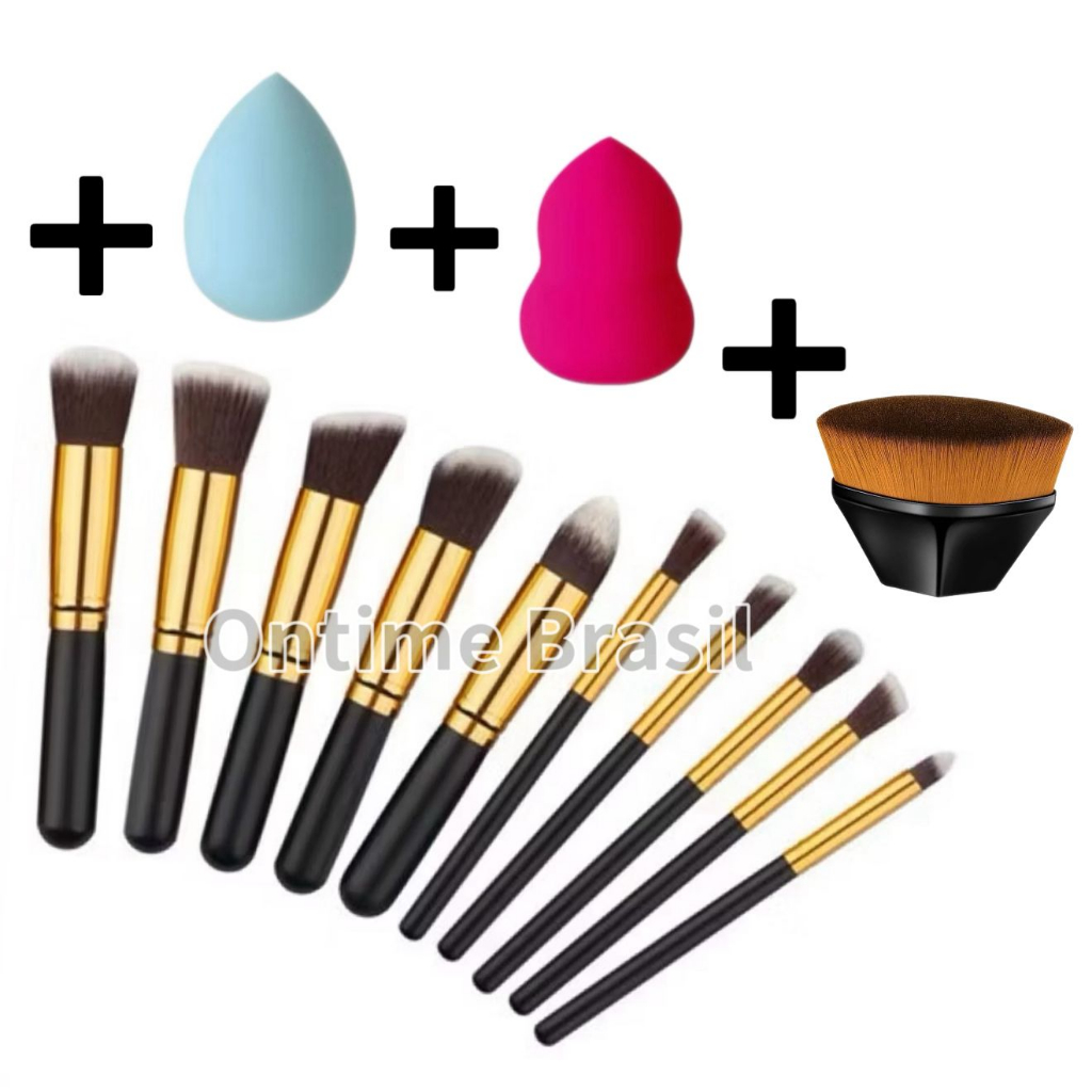 Kit Com 10 Pinceis + 2 Esponjas + 1 Pincel BB Cores Aleatório