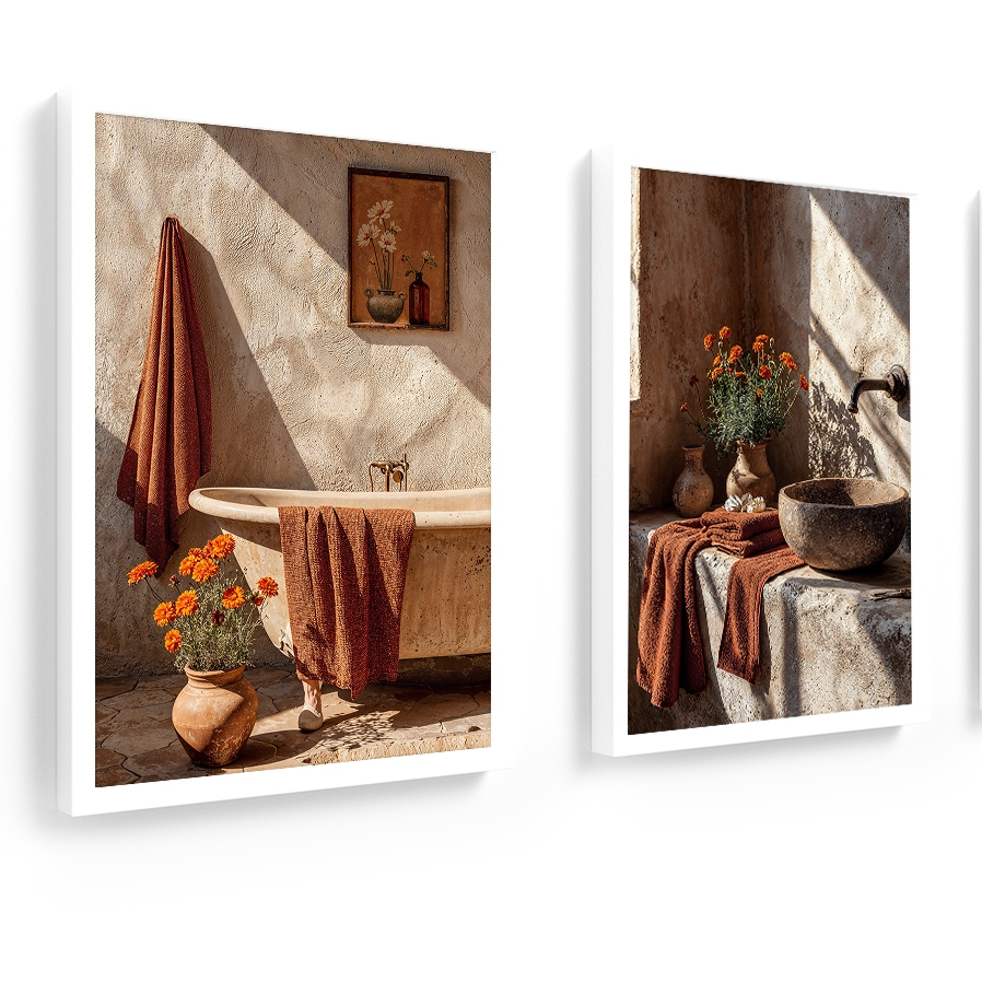 Kit 2 quadros 18x24 banheiro, lavabo, vintage flor terracota