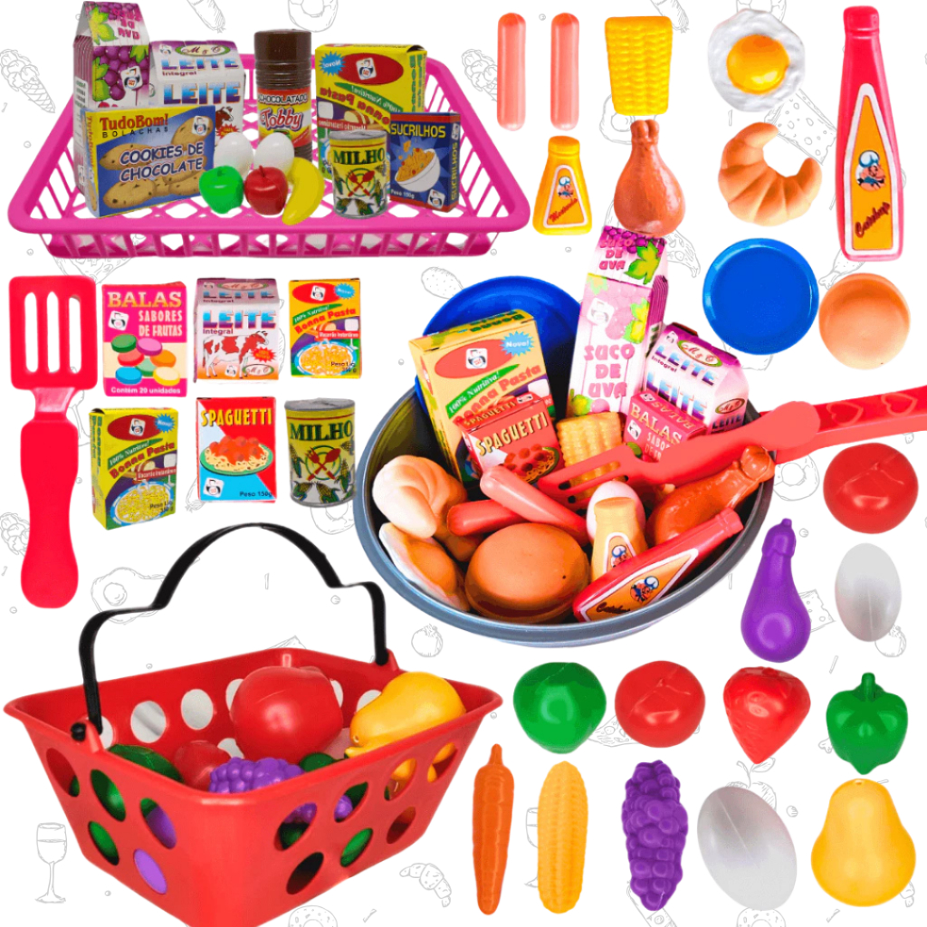 Kit Comidinhas de Brinquedo - 43 Peças Frutas Legumes - Frigideiras - Mini Mercado