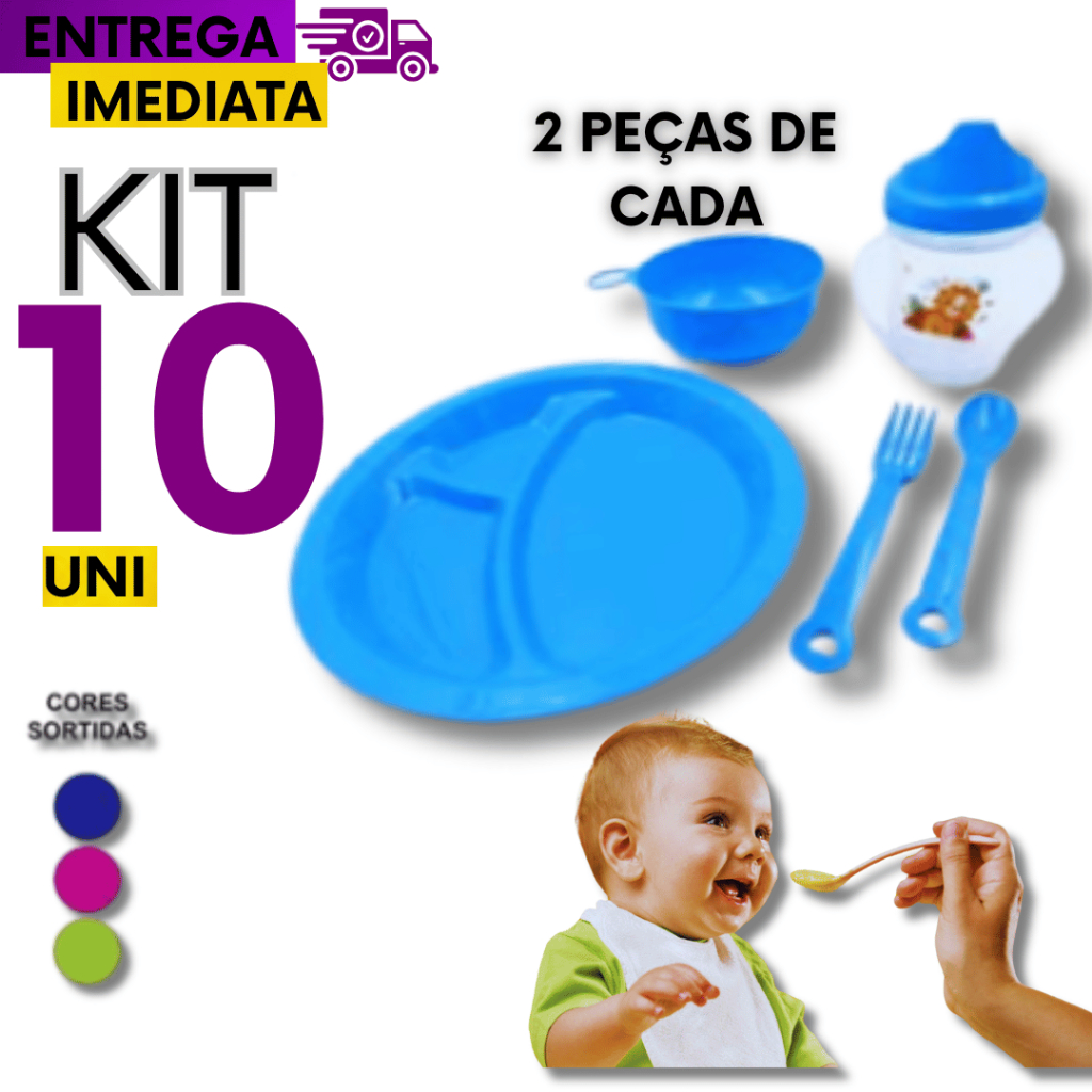 Conjunto  Papinha 10 Peças Para Bebê em Plástico 2 Garfos 2 colheres 2 Pratos 2 Potes 2 Copos com tampas Cores Sortidas