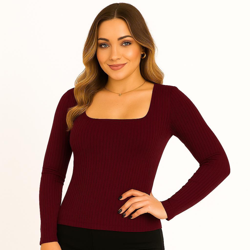 Blusa Feminina Decote Quadrado Canelada Básica Blusa Elegante Dia a Dia Manga Longa