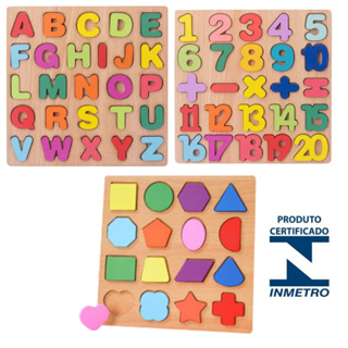 Kit 3 Quebra Cabeças Educativos MDF Alfabeto Números e Formas Geométricas Brinquedo Montessori em Oferta na Shopee