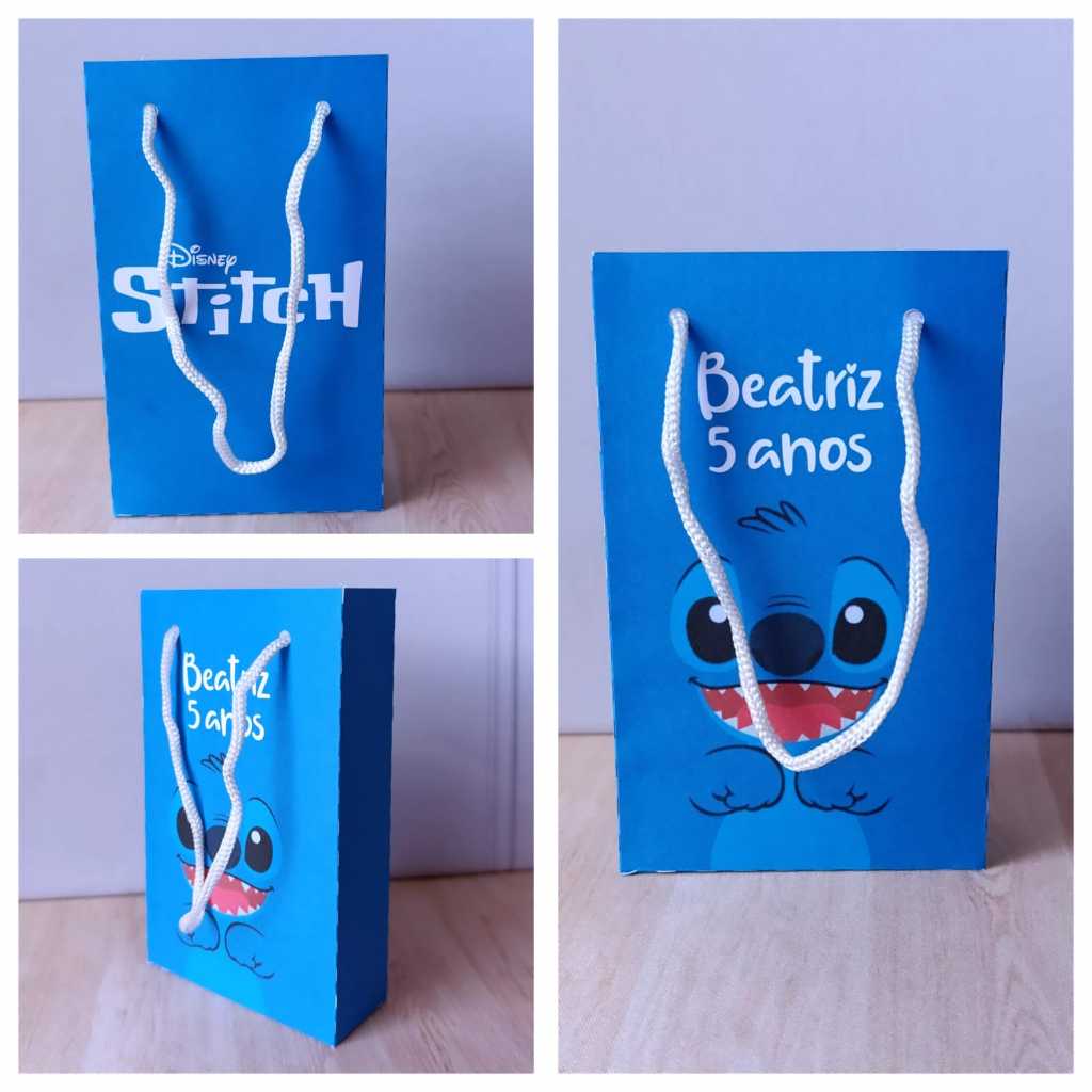 Sacolinha Lembrancinha personalizados festa infantil com nome e idade pegue e monte tema Stitch