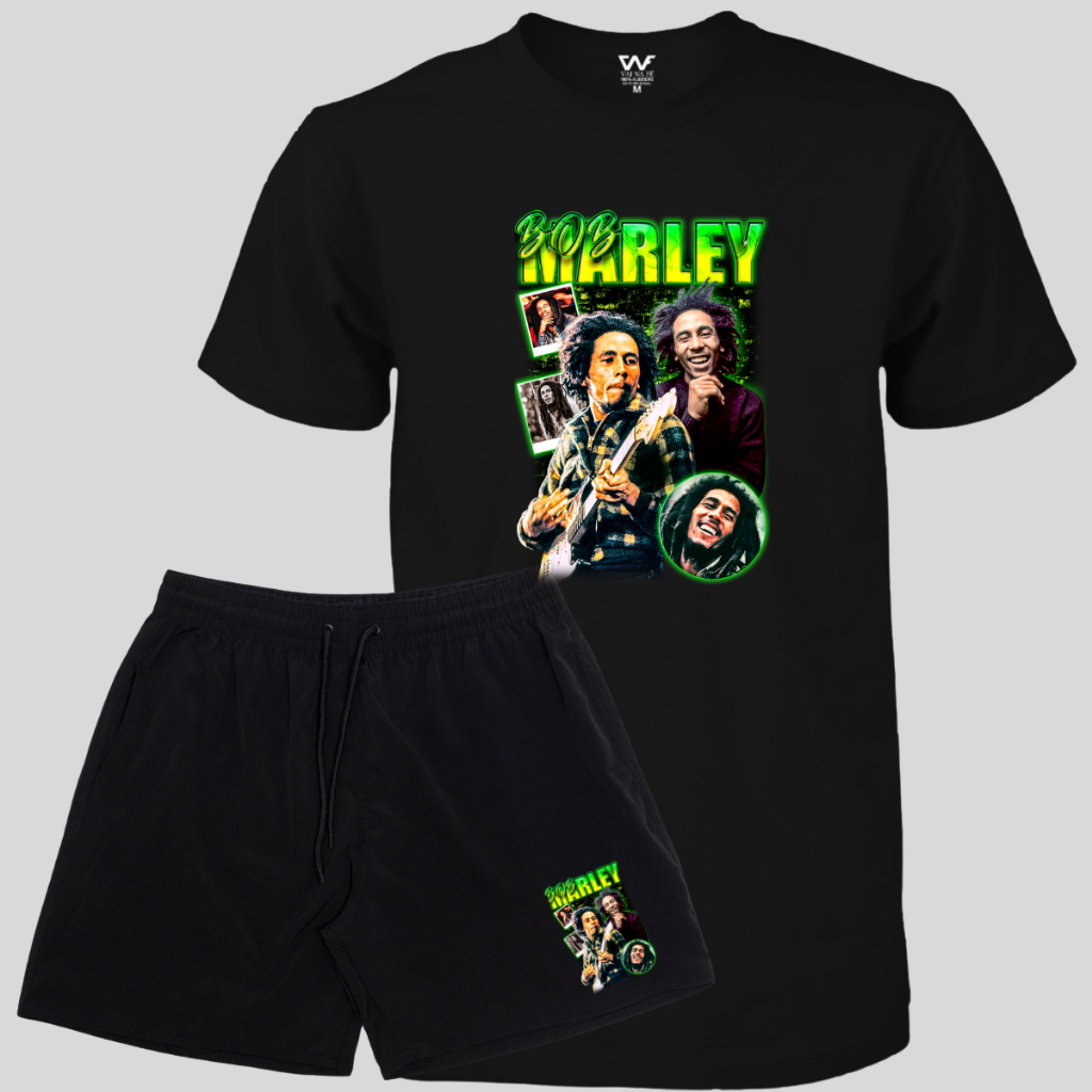 Conjunto Reggae Bermuda Elastano Masculina + Camiseta Bob Marley Lançamento