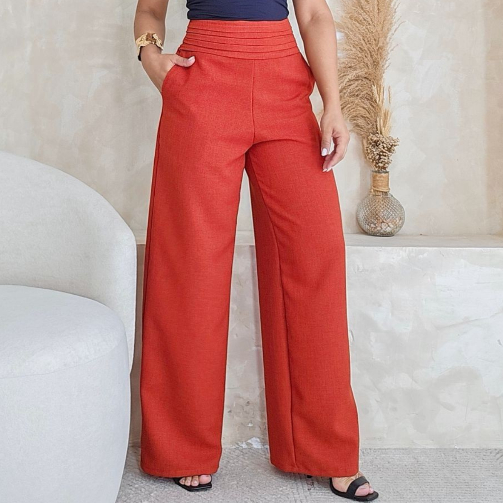 Pantalona Linho Feminina Cintura Alta Elegante com Bolsos Cós Drapeado