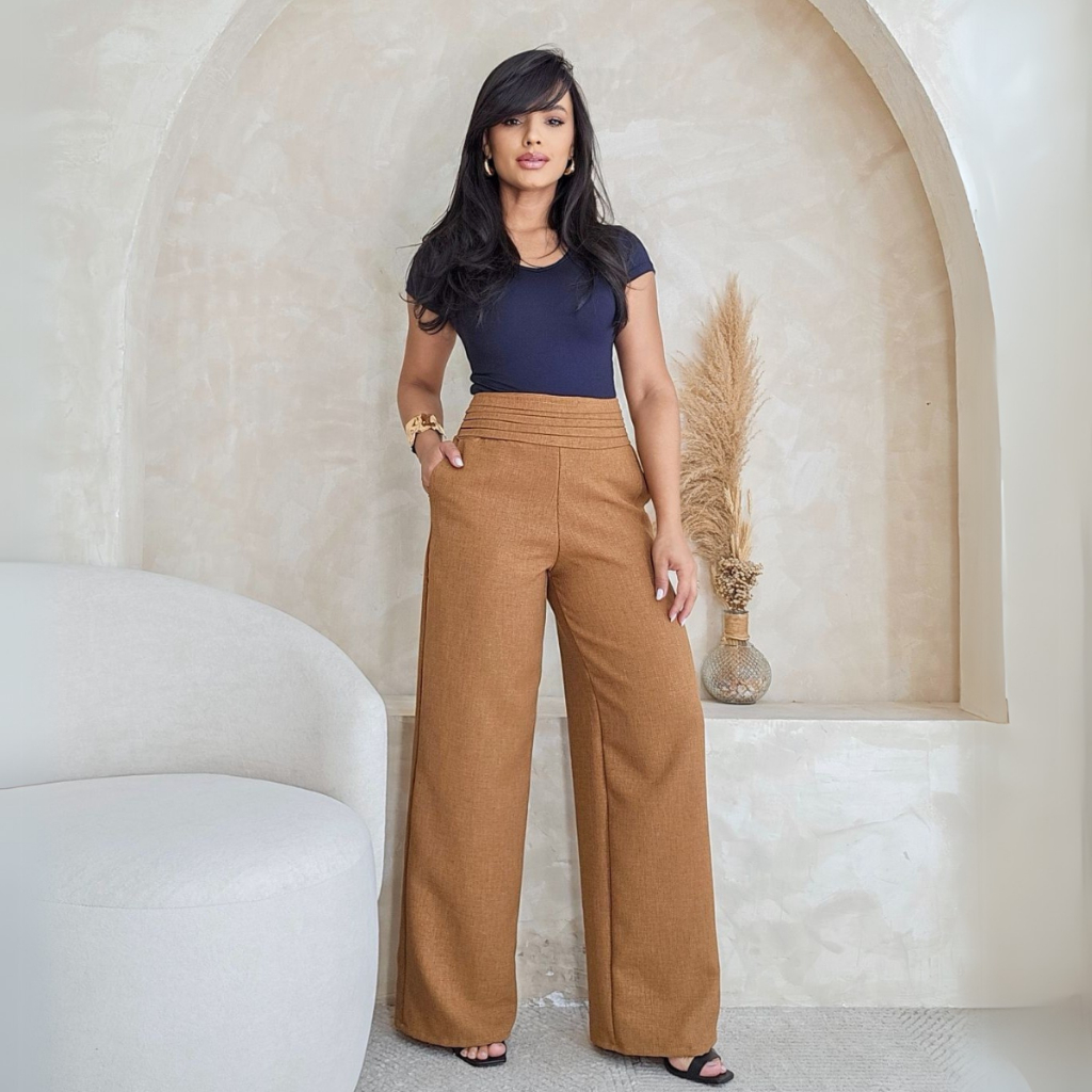 Calça Pantalona Feminina Linho Molim Cintura Alta Cós Drapeado
