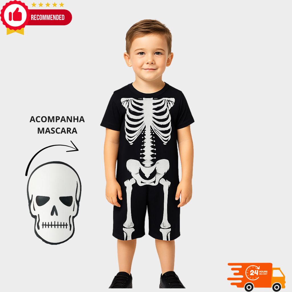 Fantasia Infantil Menino Esqueleto + Mascara Envio Imediato