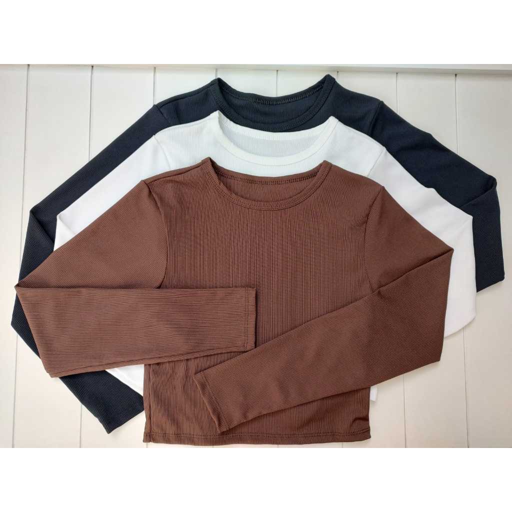 Blusa Blogueira Cropped Feminina  Manga Longa Ribana Canelada Gola Redonda Modinha Estilosa  Inverno