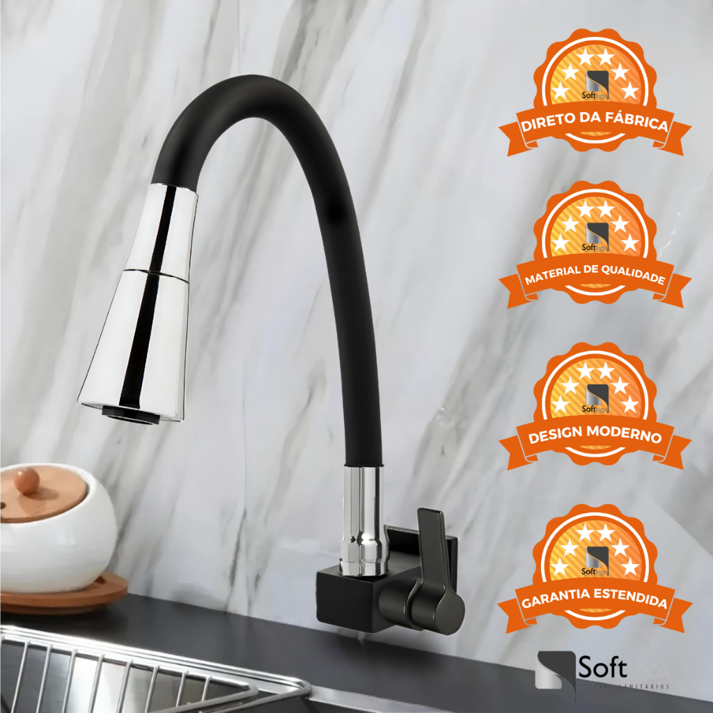 Torneira Gourmet de Parede Cozinha Preta Cone Preto Cromado