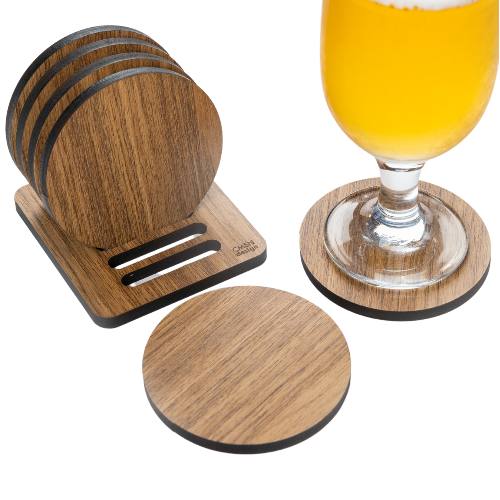 Bolacha Porta Copo Madeira Kit com 6 Peças Mais a Base, Porta Copo de Mesa, Descanso de Co...