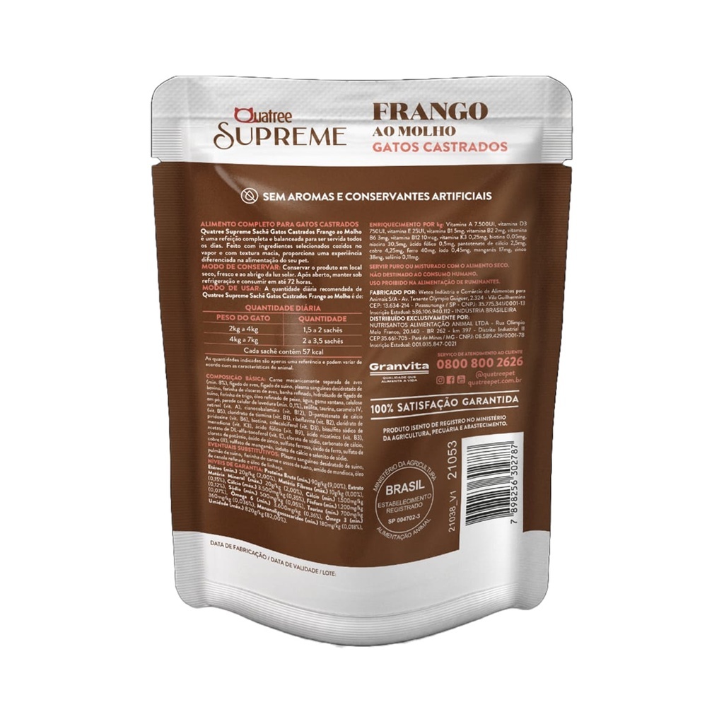 Detalhes do Ração Úmida Quatree para Gatos Supreme Adulto Sabor Frango 85gr