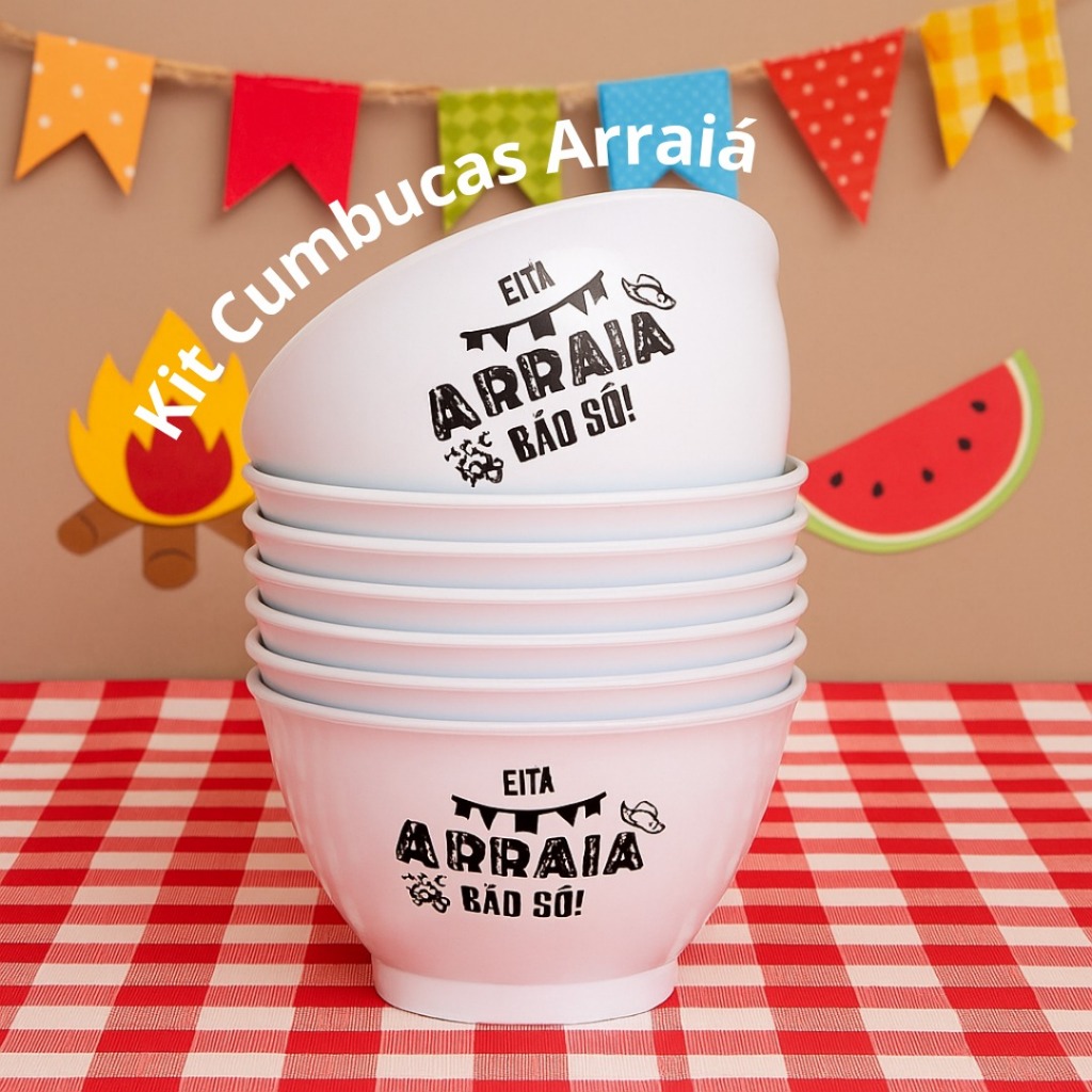 KIT 10 CUMBUCAS ARRAIÁ, FESTA JUNINA, BRANCA 650ML DE PLÁSTICO, PETISQUEIRA, FESTA