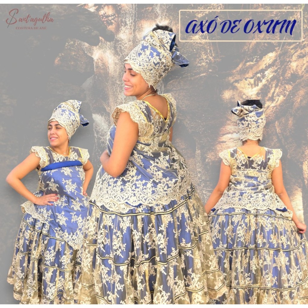 Roupa Axó Oxum Candomblé Rum Axó Dourado Azul P/ de cabeça e P/ costa Luxo