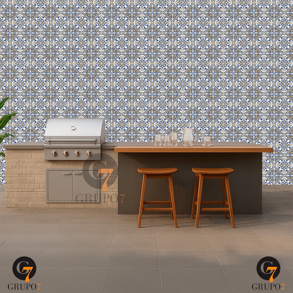 Papel de Parede Para Cozinha Lavável Azulejo Português Ladrilho Azul Branco Amarelo Para Sala