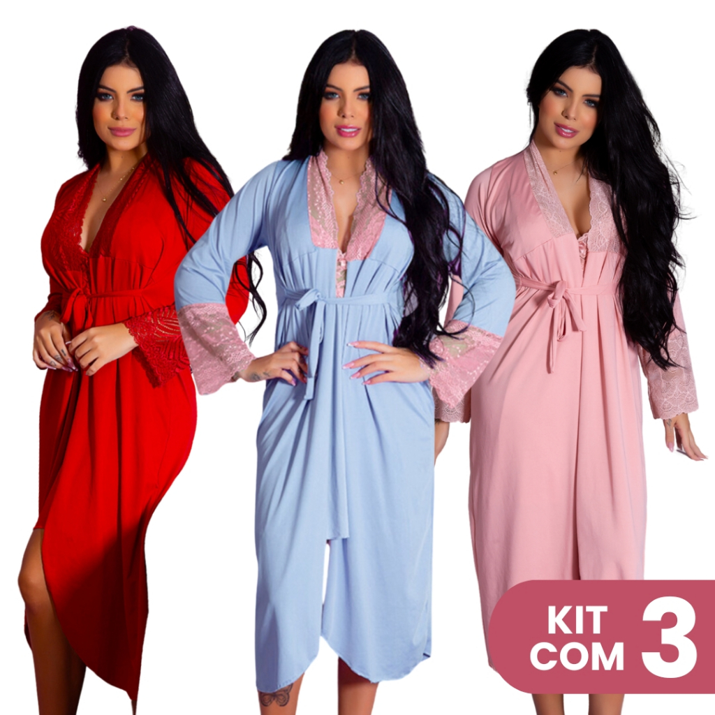 Kit 3 Roupão Robes Longos Com Detalhes em Renda Romantic Lingerie Feminino Elegante Luxo
