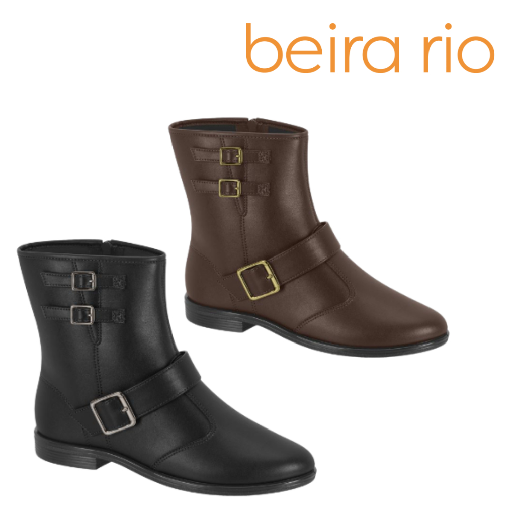 Bota Feminina Coturno Cano Curto Baixo Beira Rio Tiras Fivelas Original