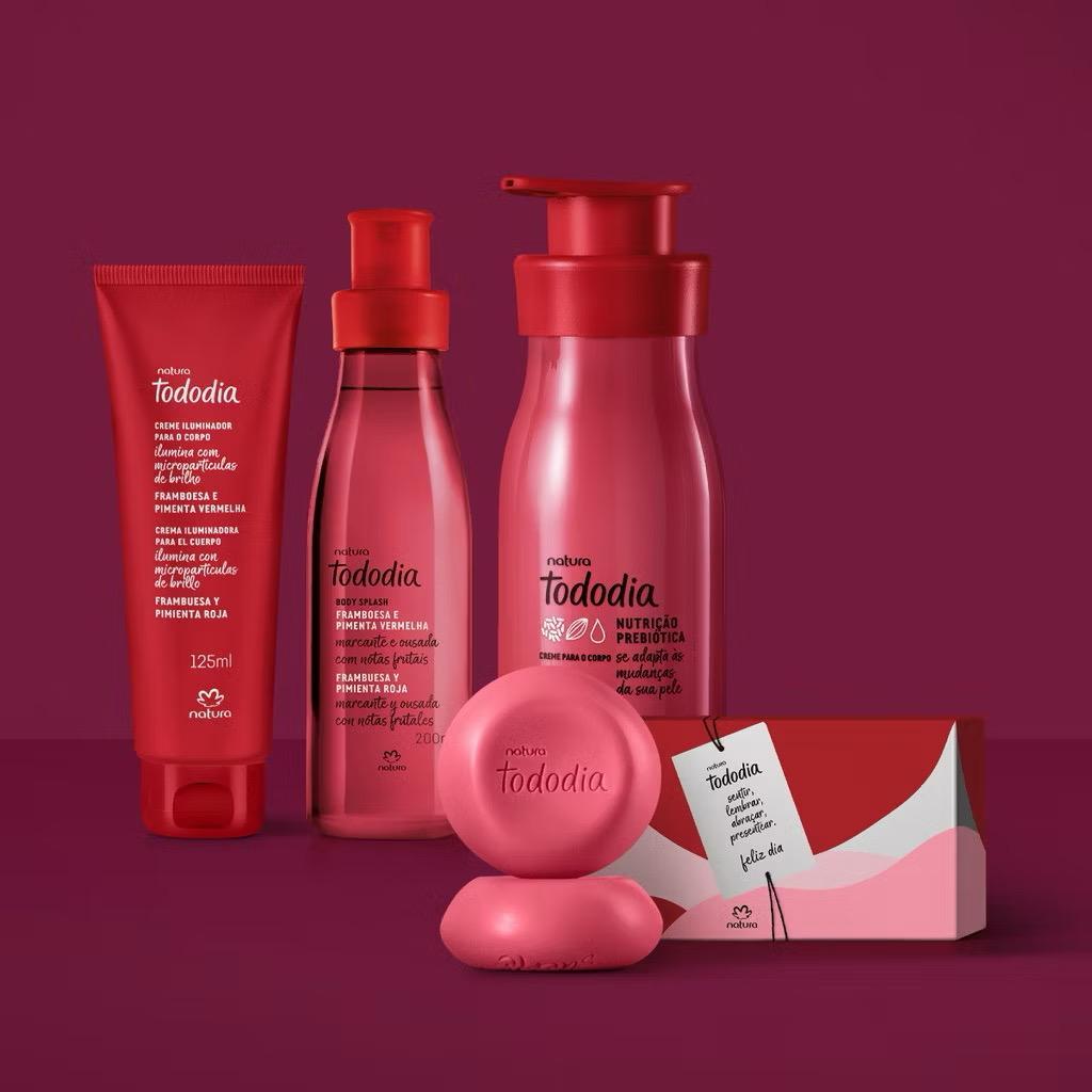 COMBO 4 PRODUTOS Splash+ Hidratante+Creme Iluminador+Caixa de Sabonetes Framboesa e Pimenta Vermelha - Natura