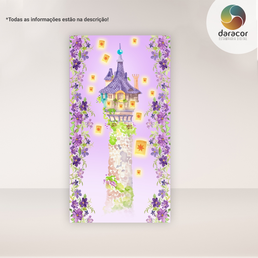Painel Vertical Castelo Rapunzel Romano c/ elástico e Retangular c/ overlock FACE ÚNICA