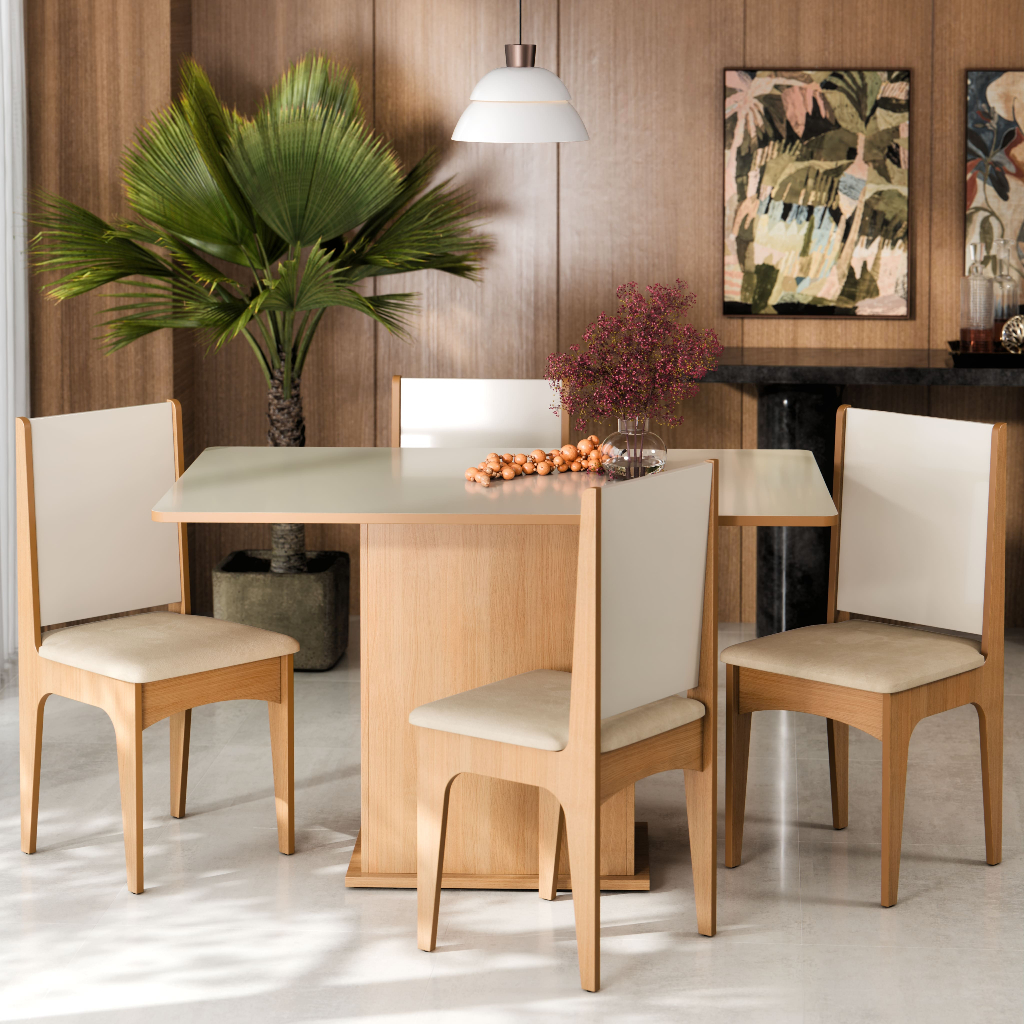 Conjunto Sala de Jantar Luana Mesa Tampo Madeira Canto Com 4 Cadeiras Estofada Moderna