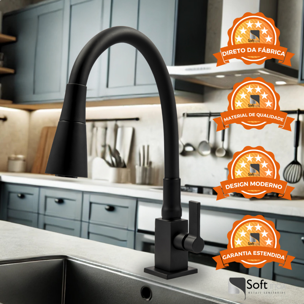 Torneira Gourmet Preta para Cozinha Bancada Quadrada Cone
