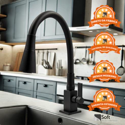 Torneira Gourmet Preta para Cozinha Bancada Quadrada Cone