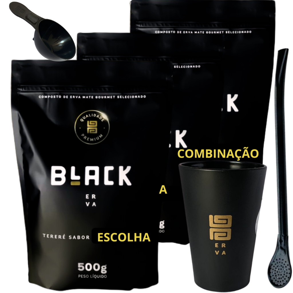 Kit Black Erva Mate Tereré 3 Ervas de 500g cada com Copo Caldereta acrílico Preto e Bomba Clássica
