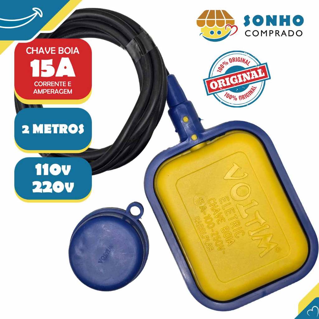 Chave boia amarela 15A cabo PP 3x0,75mm2 2 metros V-07/2 Voltim