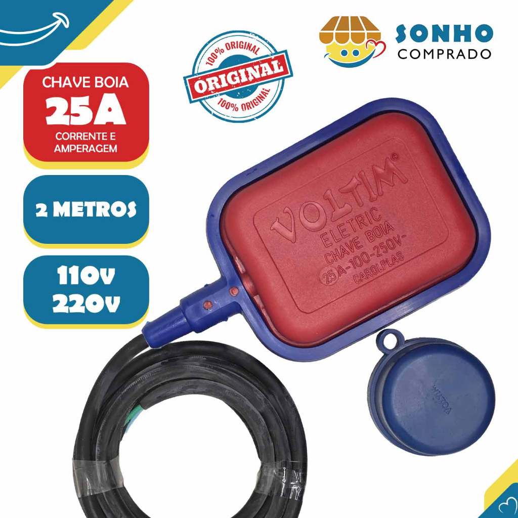 Chave boia vermelha 25A cabo PP 3x0,75mm2 2 metros V-07/2 Voltim