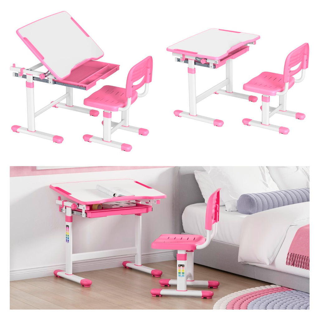 Mesa e Cadeira Didático Infantil para Estudos Desenho Regulagem de Altura Ergonomica B207-PINK Rosa