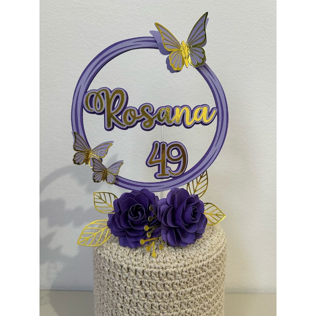 Topo de Bolo Circular Borboleta Nome Idade + 2 rosas Personalizado 3D Enfeite Decoração Aniversário