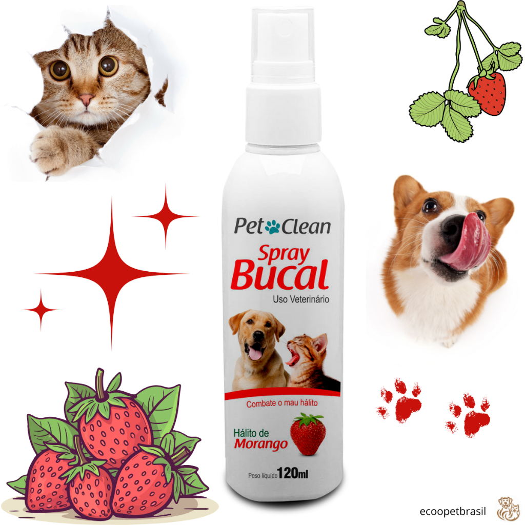 Spray Enxaguante Bucal para Cachorro e Gato Contra Mau Hálito De Cães Pet Clean Morango Higiene Bucal