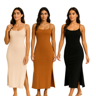 Vestido Alcinha Liso Longo Verão Moderno Canelado Fenda Lateral em Oferta na Shopee