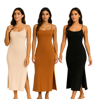 Vestido Alcinha Liso Longo Verão Moderno Canelado Fenda Lateral