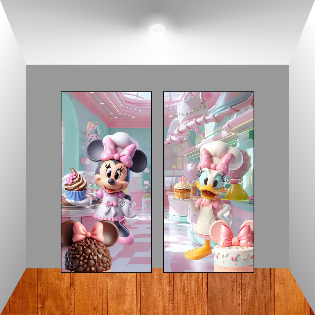 KIT VERTICAL PARA FESTAS, TEMA MINNIE CONFEITEIRA E MARGARIDA, 2 VERTICAIS 100X200 EM TECIDO SUBLIMADO em Oferta na Shopee