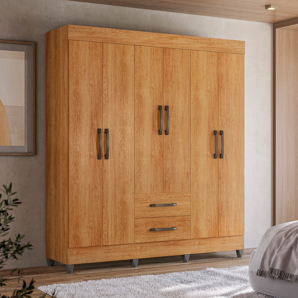 Guarda Roupa Casal 6 Portas 2 Gavetas Casal Completo Maleiro Cinamomo Prateleiras e Cabideiros