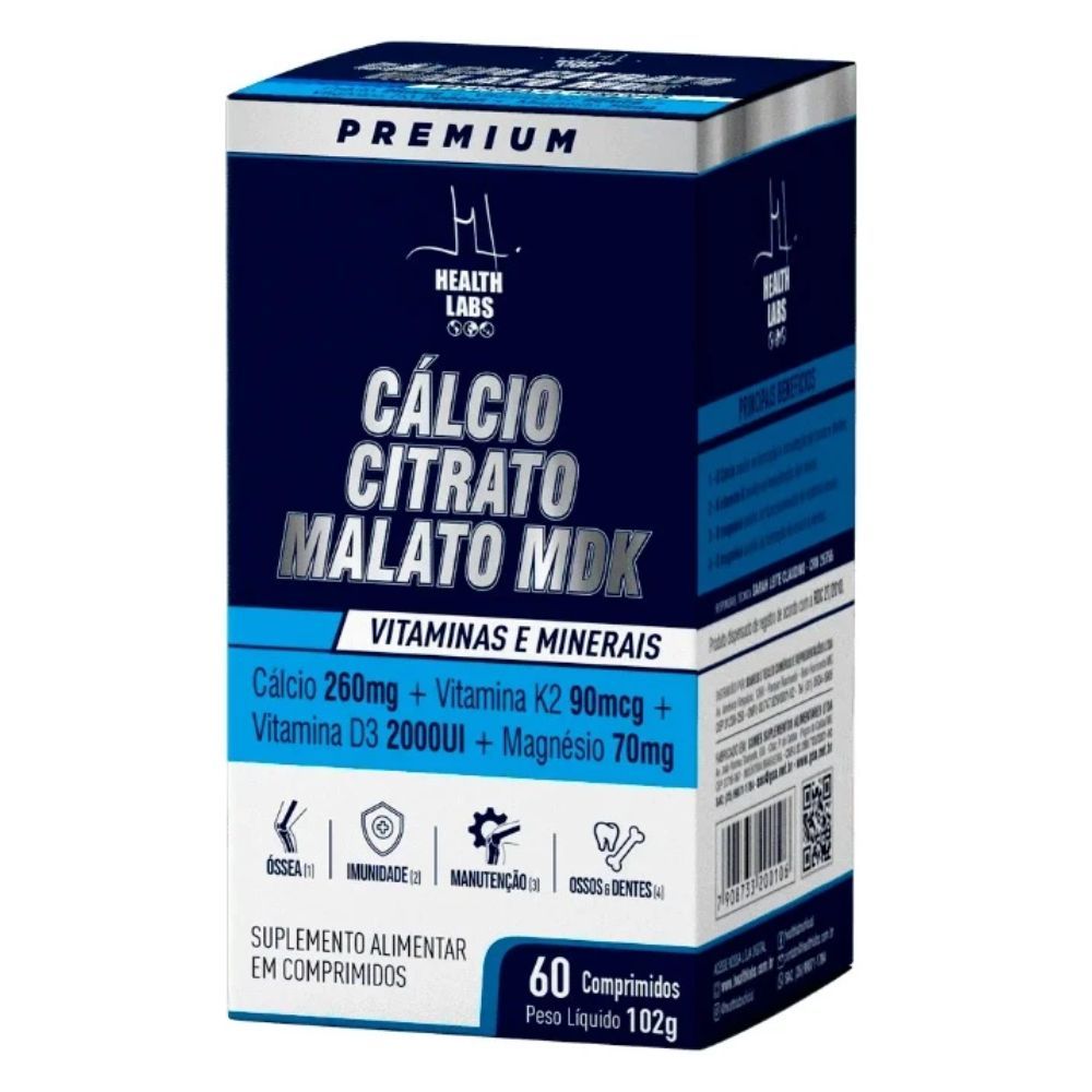 Cálcio Citrato Malato MDK + Magnésio + Vit D + Vit K2 - Pote 60 Comprimidos - Health Labs