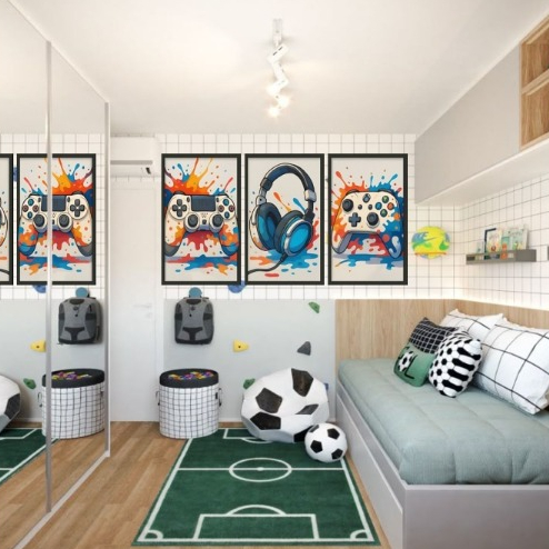 Quadro Decorativo Mosaico 50x30 Gamer fone Video gamer Quarto infantil Premium Luxo