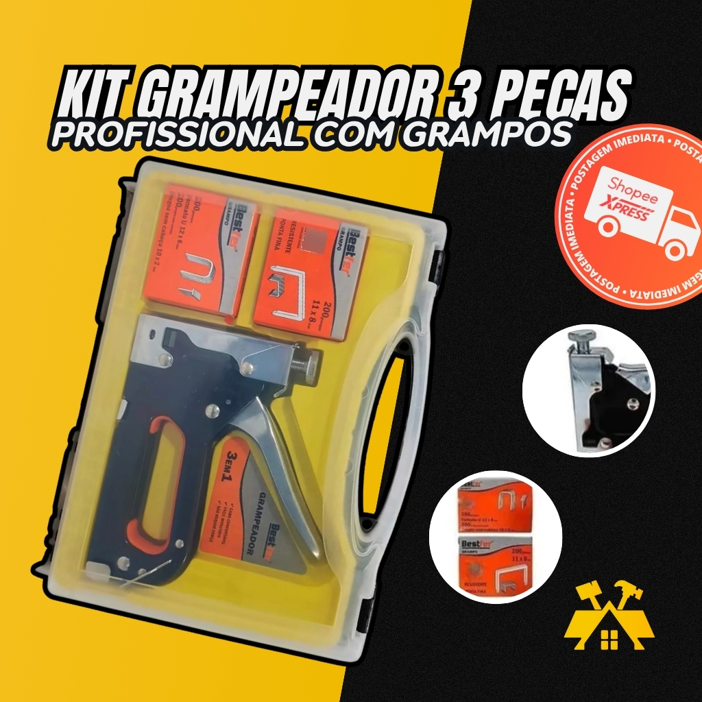 Grampeador Tapeceiro Alta Pressão Pra Madeira Estofado Manual Maleta Profissional Kit 3 em 1 Bestfer