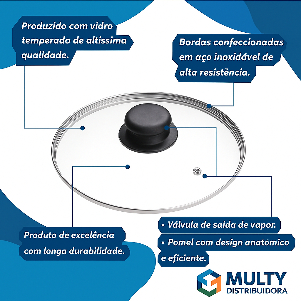 Tampa de vidro temperado em vários tamanhos, com saída de vapor e borda em aço inox em Oferta na Shopee