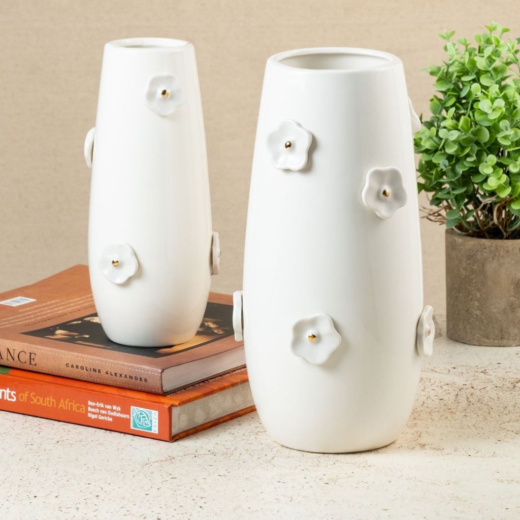 Cachepot Decorativo de Porcelana com Flores - Branco (Médio/Grande)