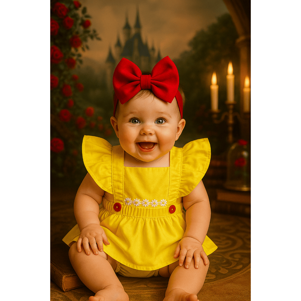 Jardineira Romper Body Bebe Princesa Bela E Fera Aniversário Fantasia Moda Infantil Luxo Mini Diva