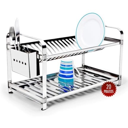 Escorredor de 12/16/20 Pratos Louças com Porta Talher em Inox