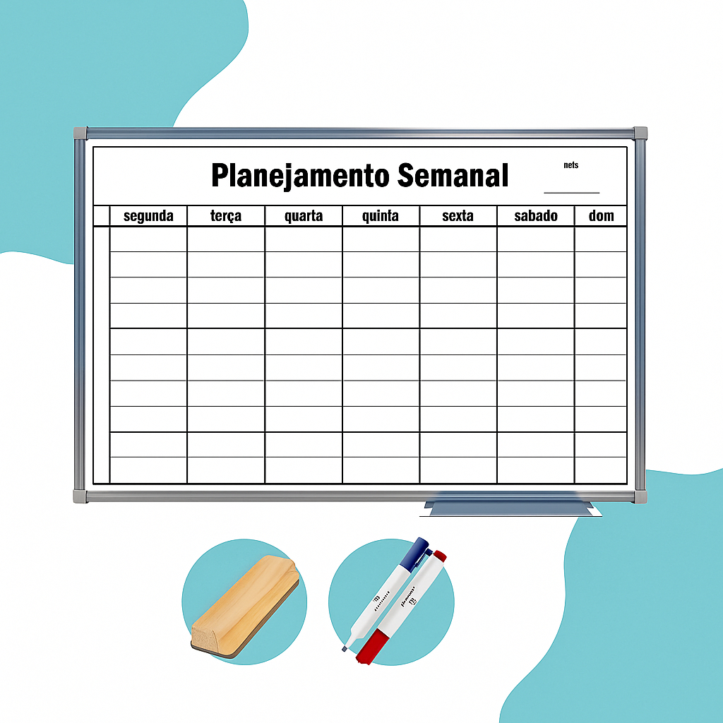 Quadro Lousa Branca Planejamento Semanal 90x60cm Alumínio + Marcadores + Apagador
