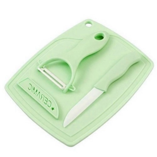 Kit Culinário 3 Peças Faca Ceramica Descascador Tábua Verde