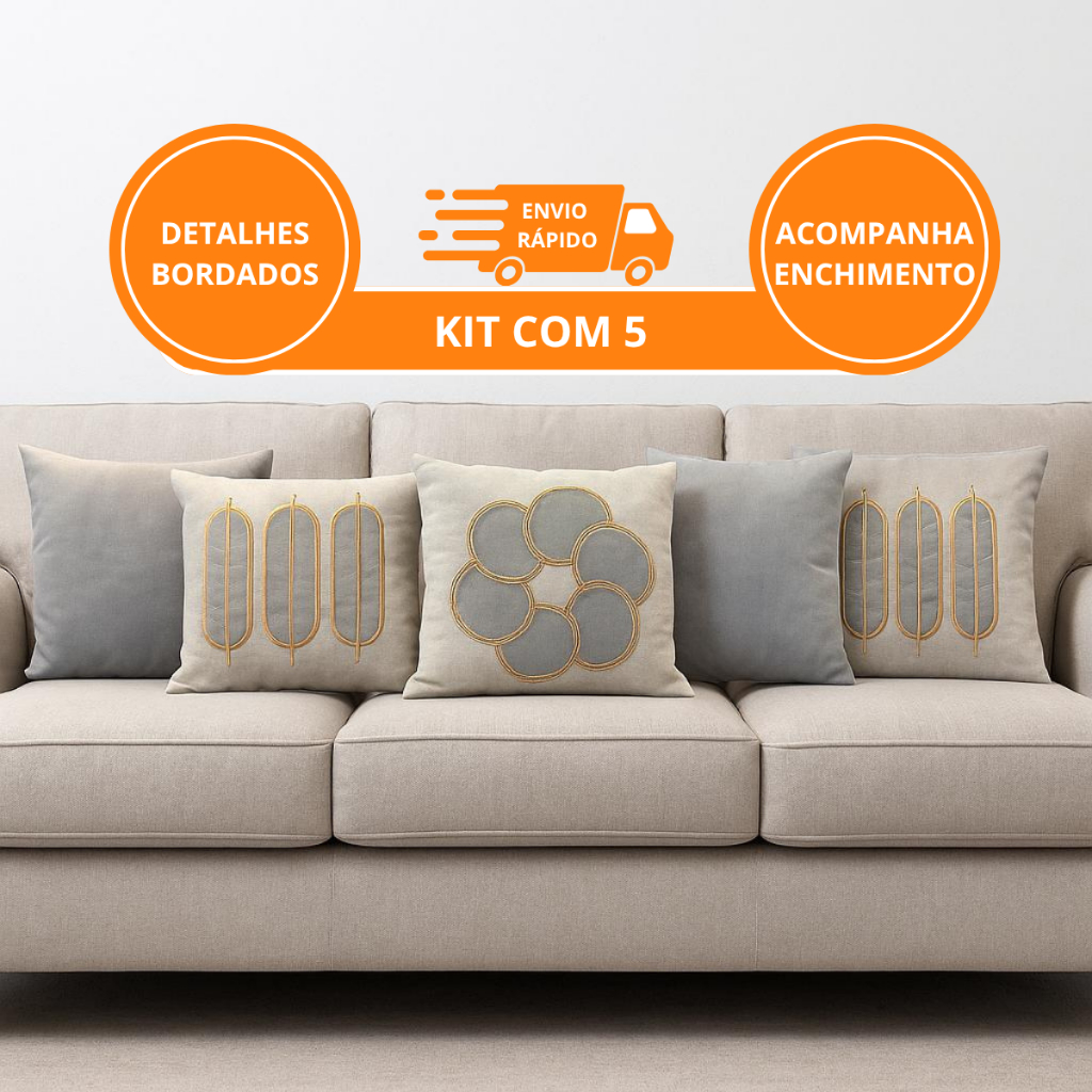 KIT 5 ALMOFADAS 45x45 COM ENCHIMENTO | 3 BORDADAS + 2 LISAS | DECORAÇÃO SOFÁ CAMA SALA em Oferta na Shopee