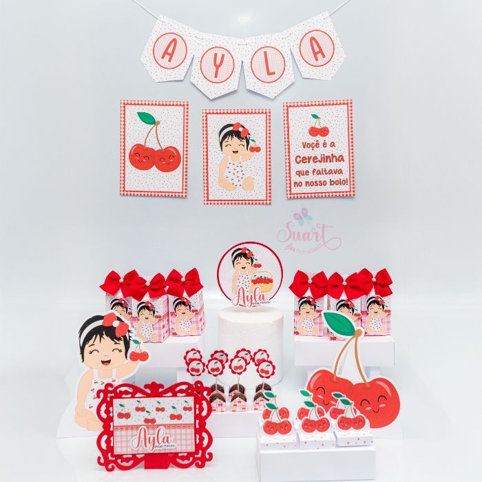 Kit Festa Decoração CEREJINHA 100 itens  Personalizado Só um Bolinho | Mesversário Aniversário