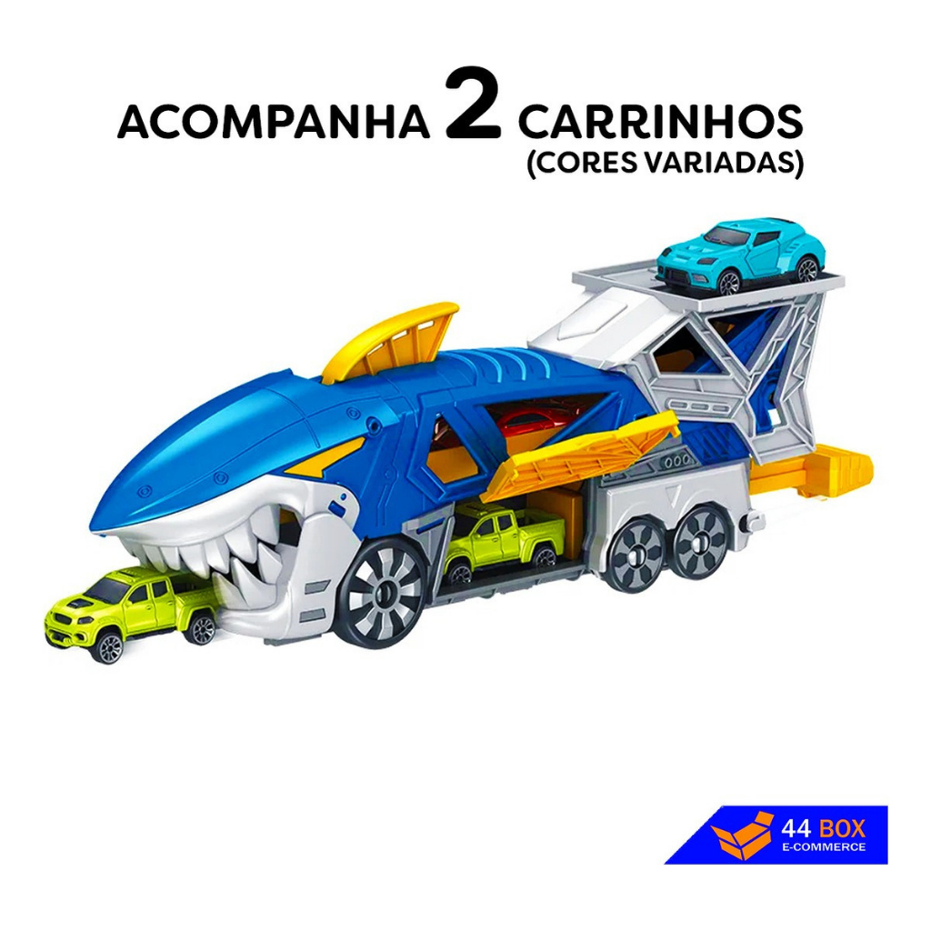 Lançador De Carrinhos Hot Mega Caminhão Tubarão Com 2 Carros
