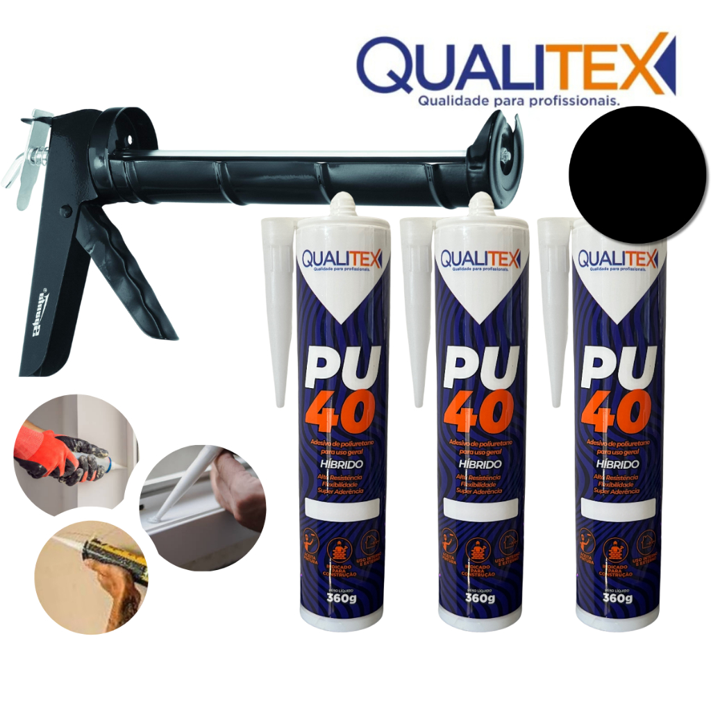 Kit Aplicador de Silicone PU + Cola Adesiva Preta À Base de Poliuretano 360g Qualitex Fixa Veda Cuba em Oferta na Shopee