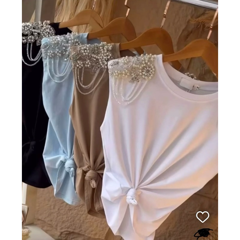 Camiseta sem mangas com alças de pérolas e diamantes无袖珍珠背心